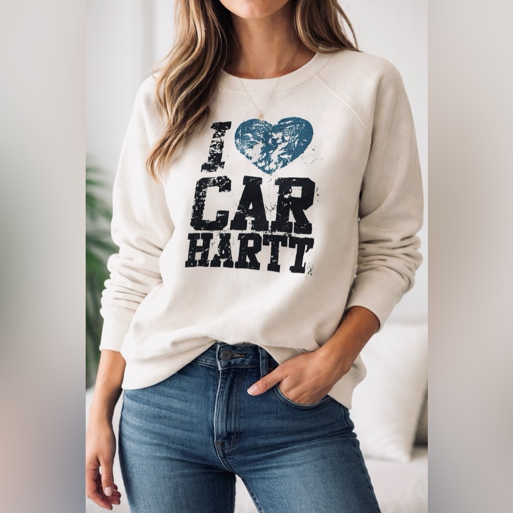 Carhartt I Heart Logo Crewneck Distressed Sweatshirt Cream Graphic Womens Medium